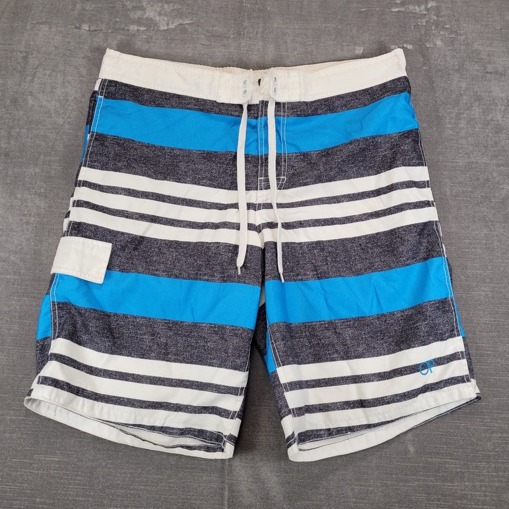 OP Ocean Pacific Y2K Mens Board Shorts Size Medium Striped Blue White Black